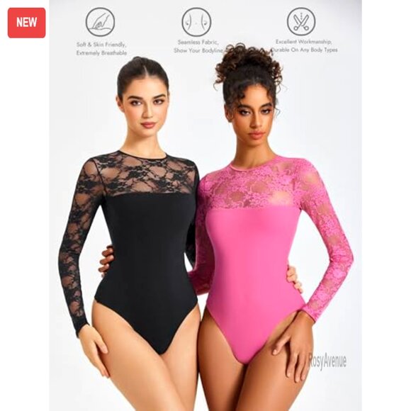 Long Sleeve Lace Bodysuit, Slimming Crew Neck, Thong Back, Snap Closure - Picture 3 of 7